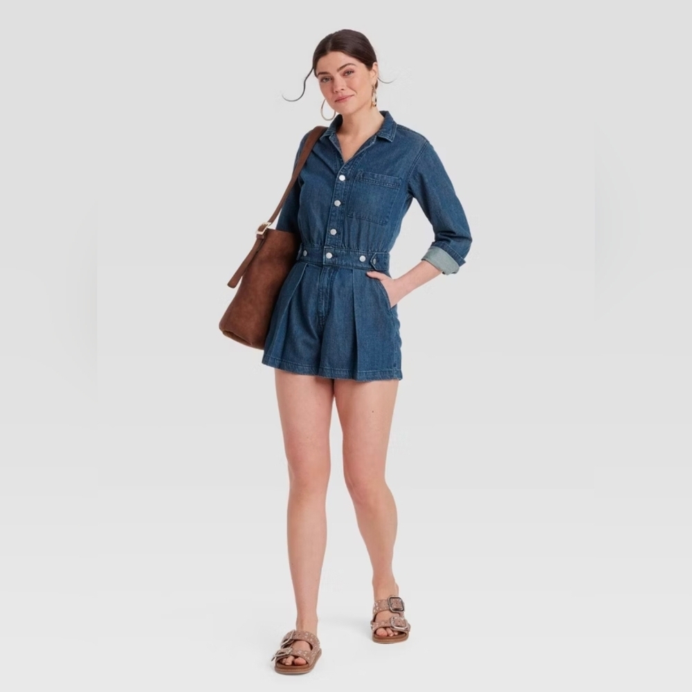 Universal Thread Women's Long Sleeve Collared Button Up Short Denim Romper Sz 8